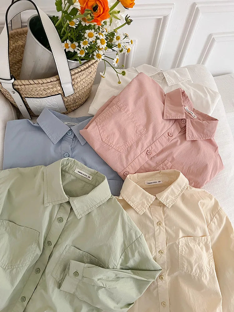 Children Clothing 2024 Spring New Children Fashion Versatile Shirt Boys and Girls Solid Color Lapel Shirt Jacket Simple