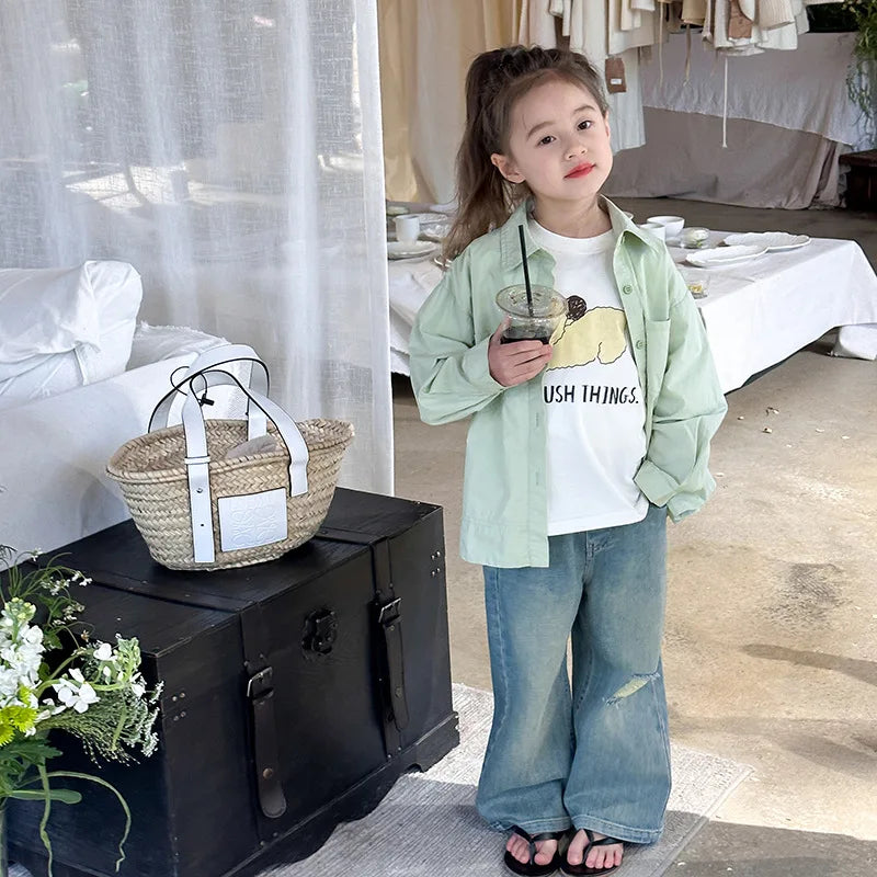 Children Clothing 2024 Spring New Children Fashion Versatile Shirt Boys and Girls Solid Color Lapel Shirt Jacket Simple