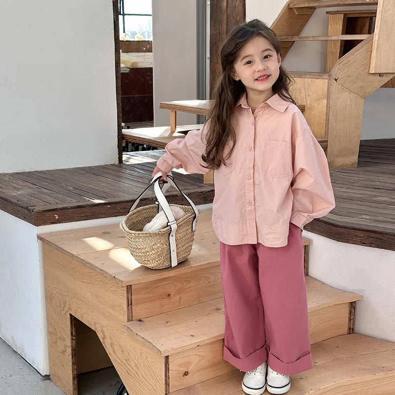 Children Clothing 2024 Spring New Children Fashion Versatile Shirt Boys and Girls Solid Color Lapel Shirt Jacket Simple