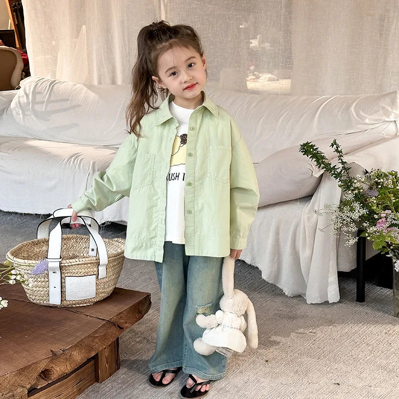 Children Clothing 2024 Spring New Children Fashion Versatile Shirt Boys and Girls Solid Color Lapel Shirt Jacket Simple