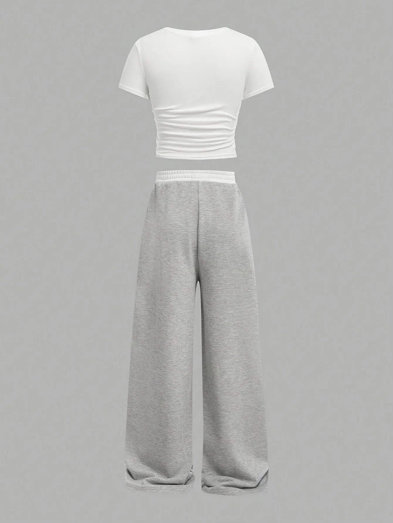 Children's Clothing Set for Summer: Girls' Sporty Solid Color Knit Star Print Short-Sleeve Top and Color-Blocked Straight-Leg Pants Two-Piece Set in White + Gray, Stylish and Casual, Suitable for Children Aged 5-13