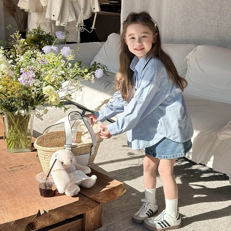 Children Clothing 2024 Spring New Children Fashion Versatile Shirt Boys and Girls Solid Color Lapel Shirt Jacket Simple