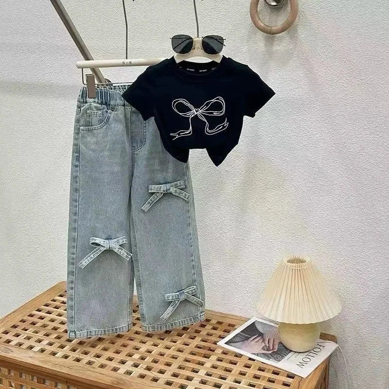 Children's Clothing Sets Girls Bow Top Suit Kids Short-Sleeved T-Shirt Jeans 2 Pieces Summer New Sweet Fashion Outfit 3-10 Years