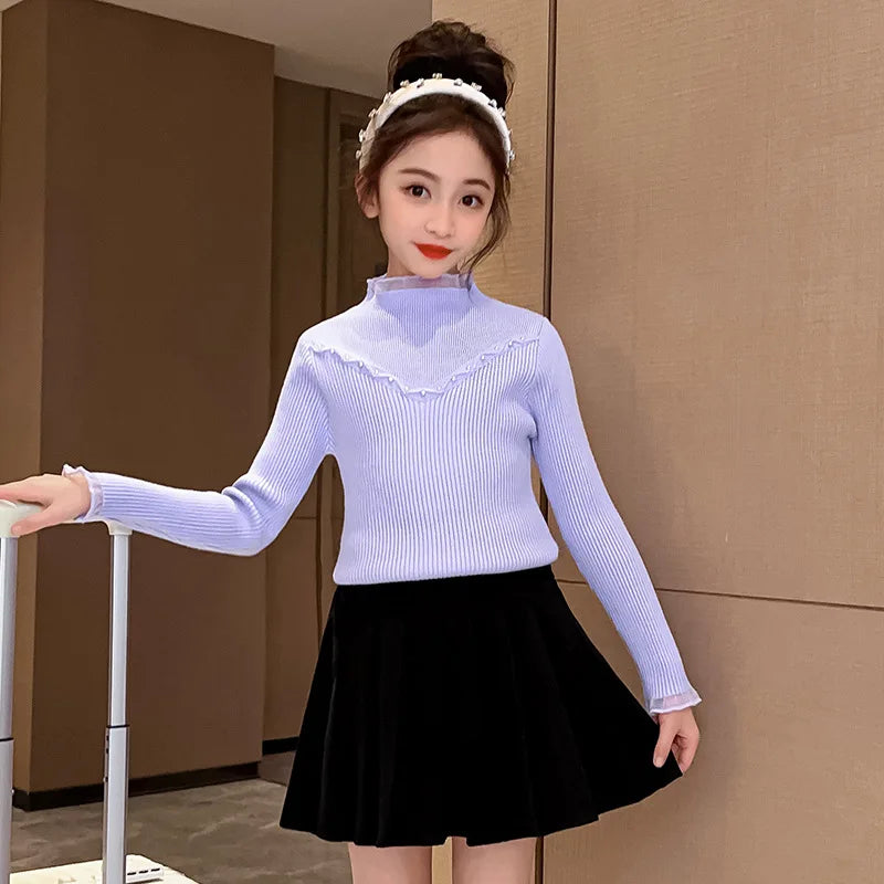 Children's clothing girls autumn knitted sweater new children's pearl bottoming shirt autumn and winter