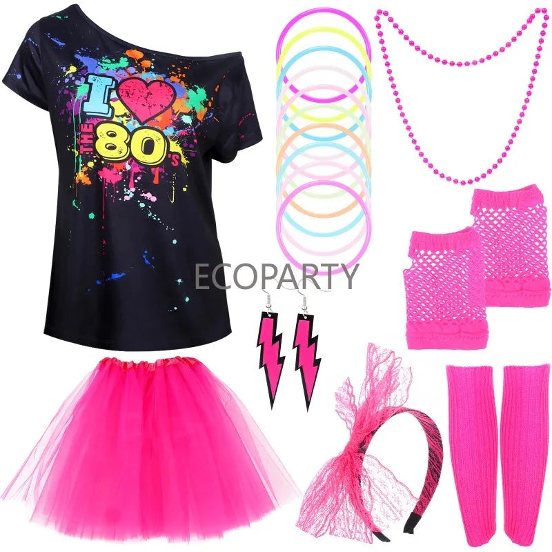 80s Fancy Dress Accessories WomenTutu Skirt Neon Fishnet Gloves Beaded Necklace Bracelet Earrings Adult 80s Party Costume Set