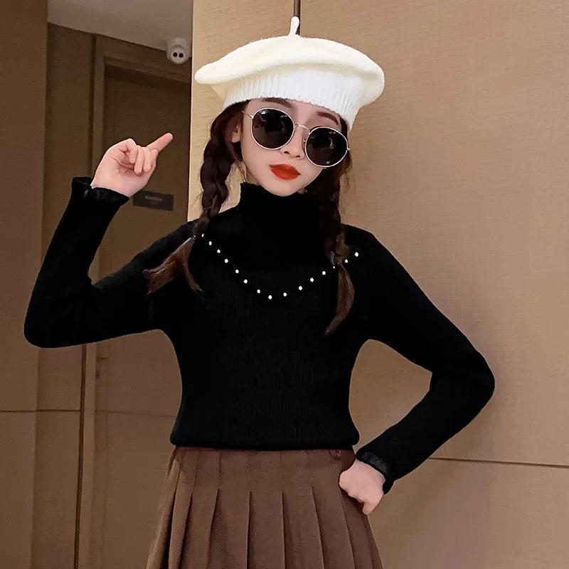 Children's clothing girls autumn knitted sweater new children's pearl bottoming shirt autumn and winter
