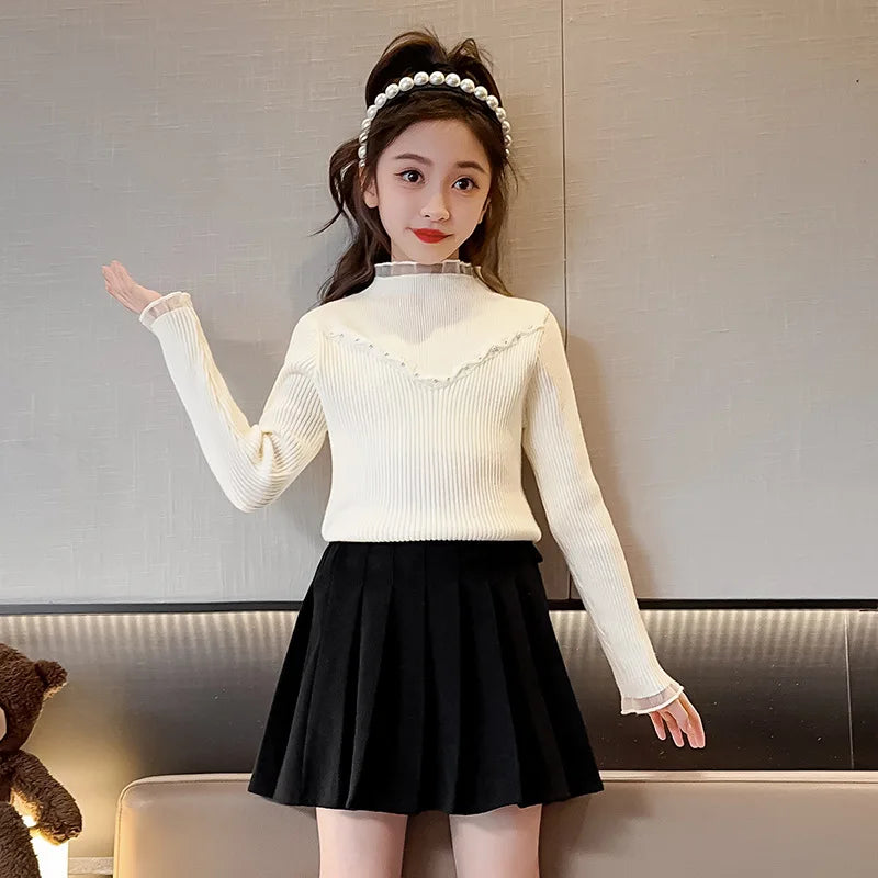 Children's clothing girls autumn knitted sweater new children's pearl bottoming shirt autumn and winter
